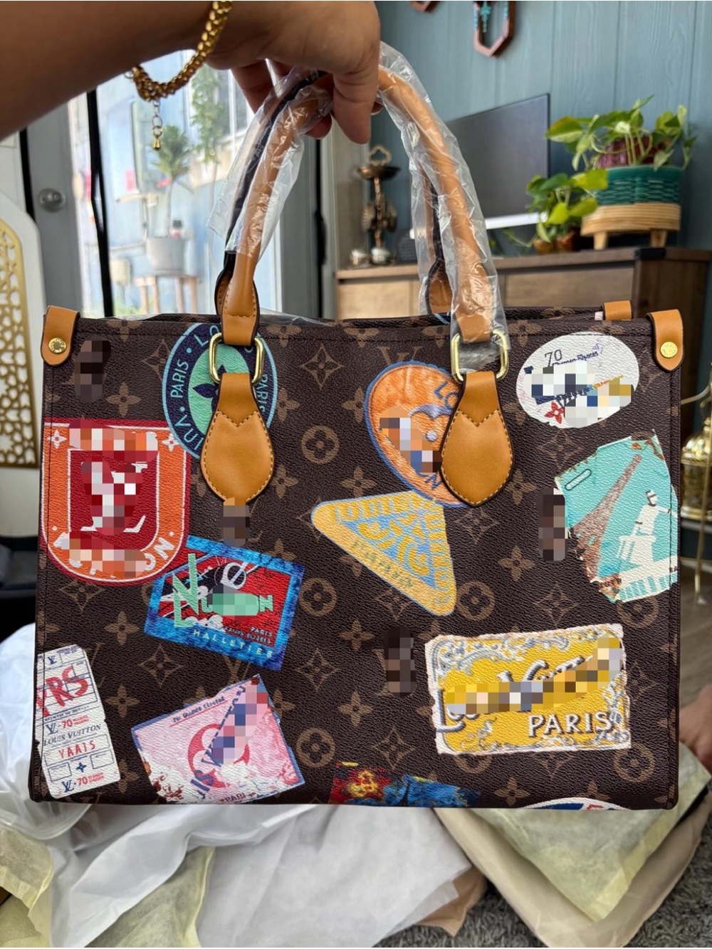 Brown Monogram Sticker Print Tote Bag with Tan Handles
